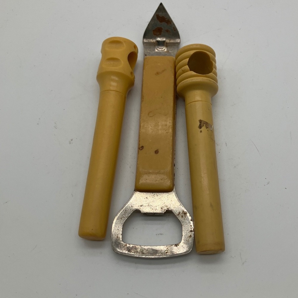 Vintage Foley Bottle Opener Can Piercer Yellow Handle Retro Kitchen Tool Set 3pc